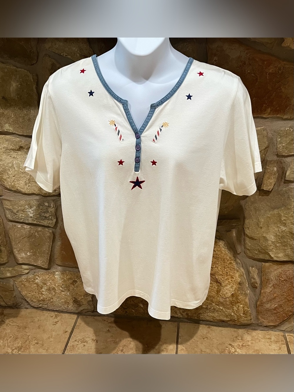 Lemon Grass Americana Cotton Knit Blouse 1X Patriotic July 4th Red White Blue